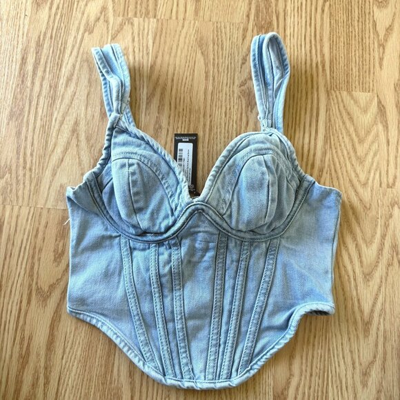 PrettyLittleThing Light Blue Wash Denim Corset Top Size 0 Bustier Dip Hem Y2K - Picture 2 of 9